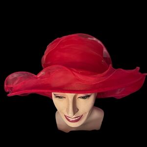Sheer Red Organza Wide-Brim Hat